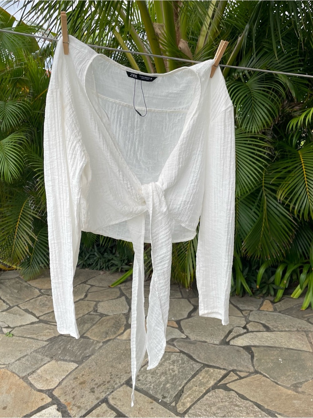 Zara White Tie-Front Long Sleeve Textured Blouse